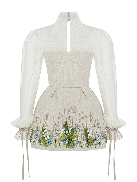 Beige Floral Embroidery Linen Mini Dress, 1