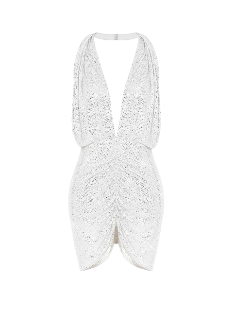 White Open Back Rhinestones Mini Dress, 1