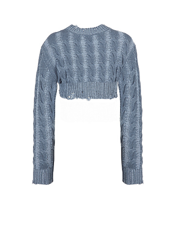 Blue Distressed Cable Knit Super Cropped Sweater, 2