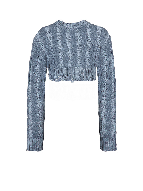 Blue Distressed Cable Knit Super Cropped Sweater, 2