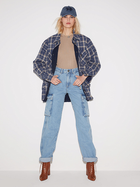 Navy Blue Checked Blue Faux Fur Lined Shirt, 5