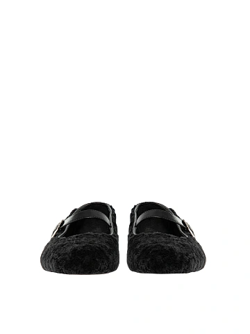 Black Shearling Mary Jane Ballet Flats, 2