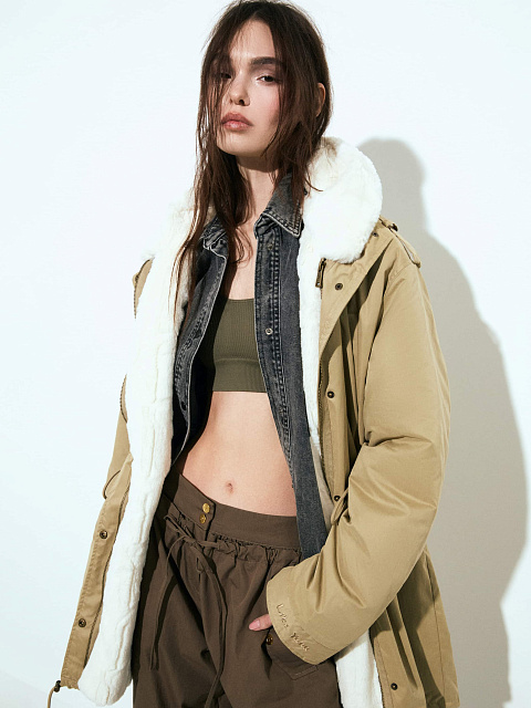 Beige parka made of raincoat fabric with faux fur, 2 Beige parka made of raincoat fabric with faux fur, 2