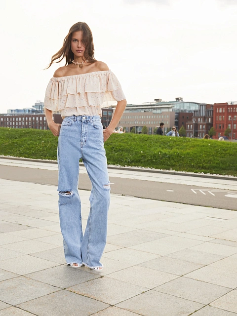 Blue Fringed Cotton Jeans, 9