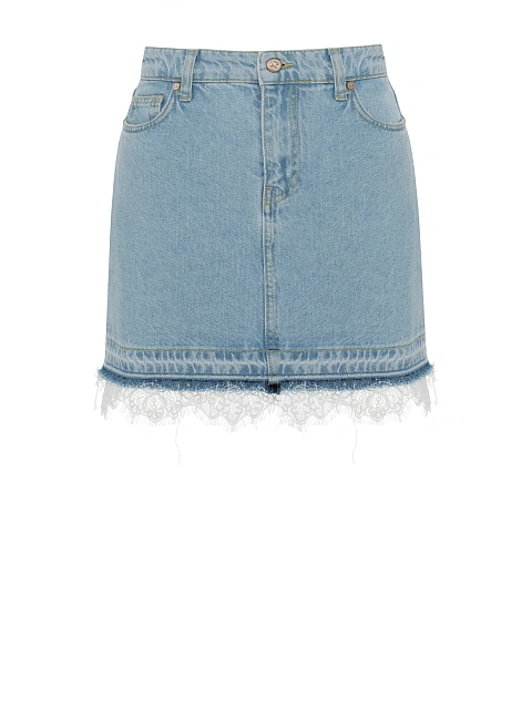 Light Blue Lace Trim Denim Mini Skirt, 1
