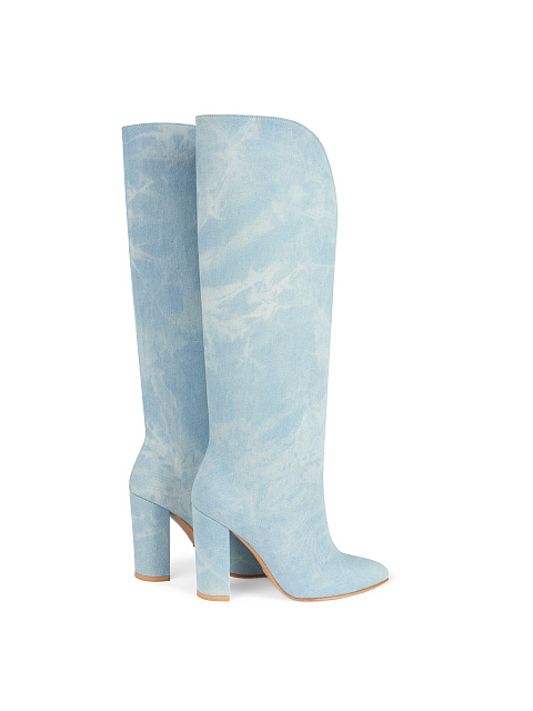 Blue Tie-Dye Denim Heeled Tall Boots, 3