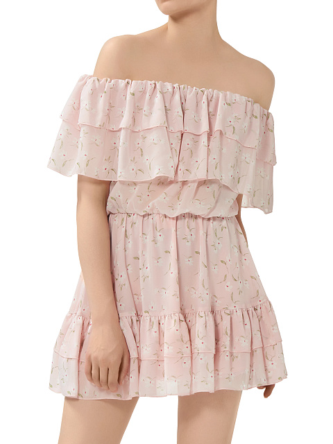 Light Pink Flower Printed Off Shoulder Mini Dress, 4