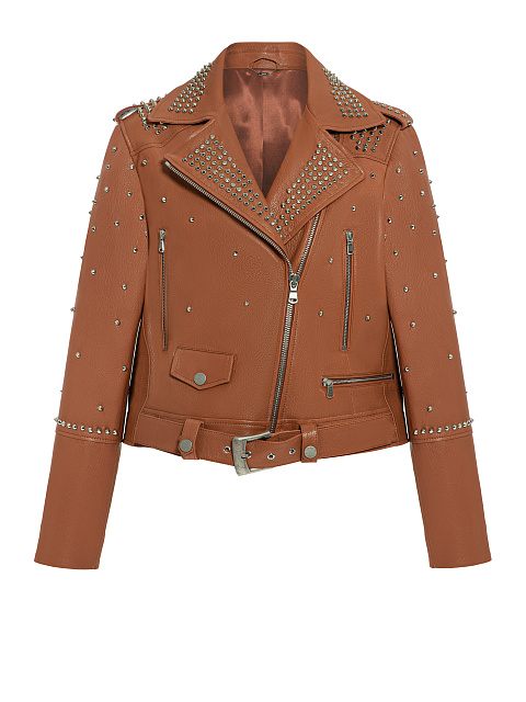 Brown Studded Leather Biker Jacket , 1 Brown Studded Leather Biker Jacket , 1