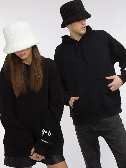 White Back Printed Black Cotton Hoodie, 5