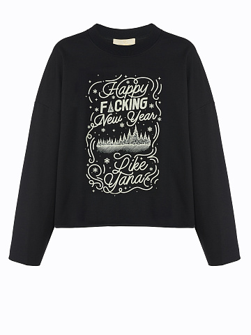 Printed Black Cotton Cropped L/S T-Shirt, 1