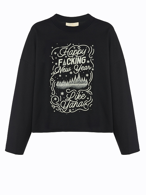 Printed Black Cotton Cropped L/S T-Shirt, 1
