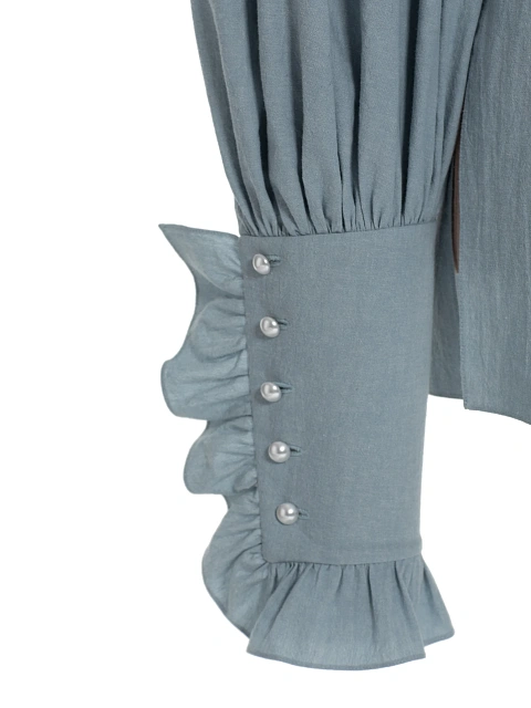 Light Blue Embroidery & Ruffle Cotton Shirt, 3