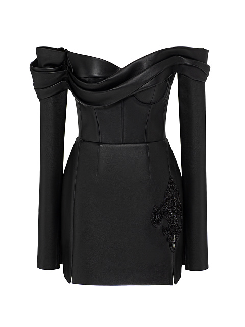 Black Leather Off Shoulder Mini Dress, 1