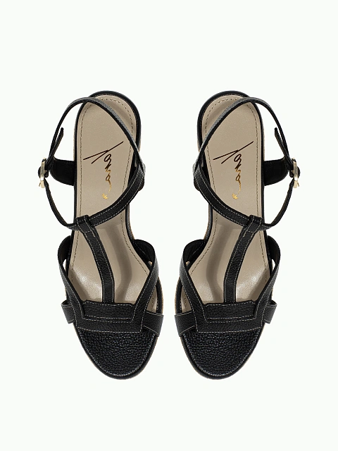 Black Leather Wedge Sandals, 4