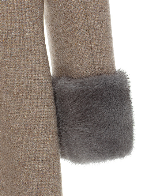 Beige Wool Midi Dress With Mink Fur Cuffs, 4 Beige Wool Midi Dress With Mink Fur Cuffs, 4