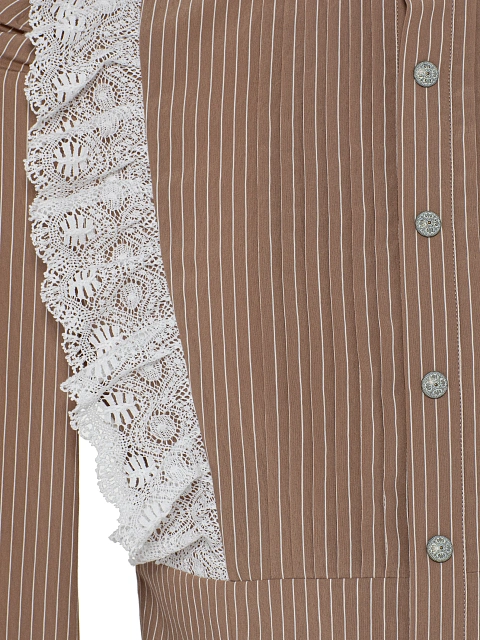 Light Brown Lace Trim Striped Cotton Blouse, 3