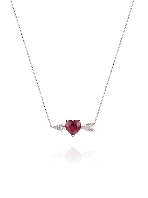 White gold pendant necklace with a heart-cut ruby and round diamonds, 1