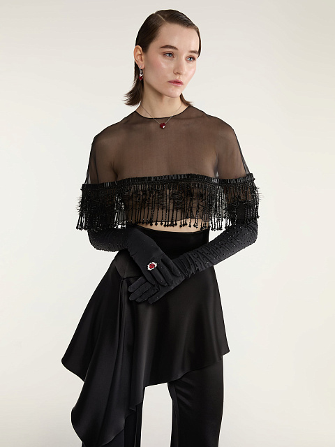 Black Organza Cape With Beaded Fringe, 3