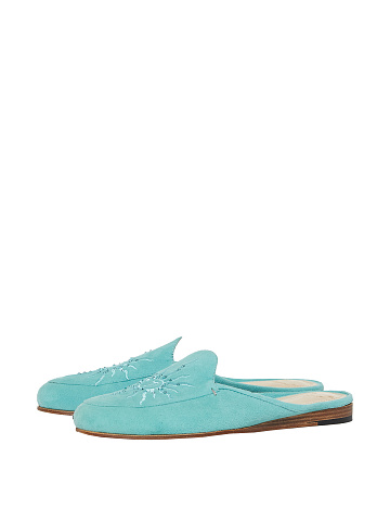 Turquoise Embroidered Suede Mules, 1