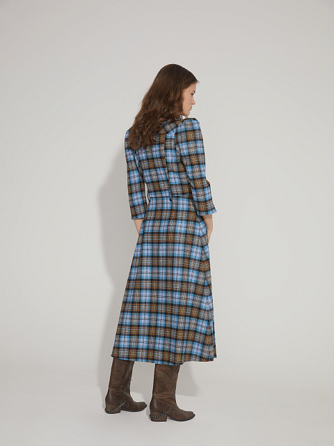 Brown & Light Blue Check Wool Midi Dress, 6 Brown & Light Blue Check Wool Midi Dress, 6