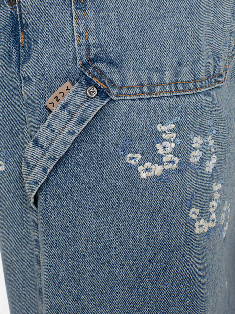 Wide Leg Blue Jeans With Floral Embroidery, 5