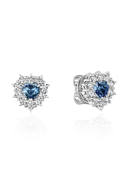 White gold stud earrings with heart-shaped sapphires and diamonds, 1