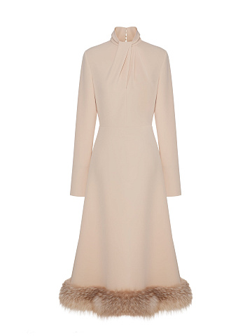 Light Beige Midi Dress With Fox Fur, 1