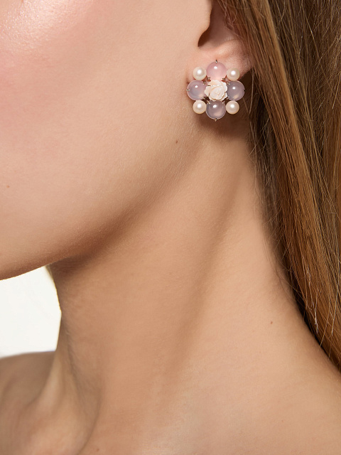 Pink Mother of Pearl, Cabochon Pose Quartz, Bead Pearl & White Gold Earrings, 6 Pink Mother of Pearl, Cabochon Pose Quartz, Bead Pearl & White Gold Earrings, 6