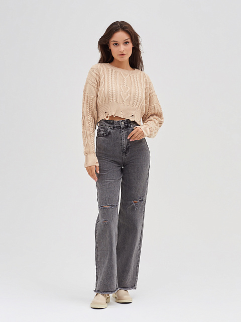 Beige Cotton Cropped Cable Knit Sweater, 4