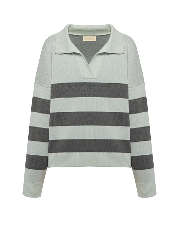 Grey & Mint Striped Cotton Pullover, 1
