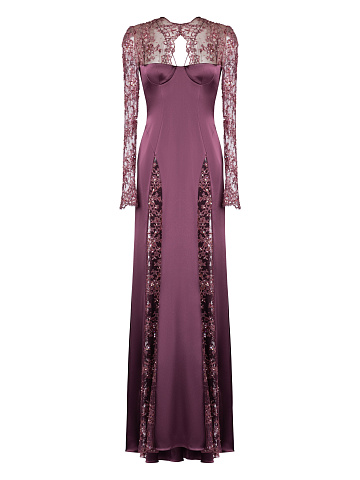 Purple Silk Lace-Paneled Maxi Dress, 1
