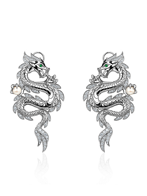 White Gold, Pearls, Emeralds & Diamonds Earrings, 1