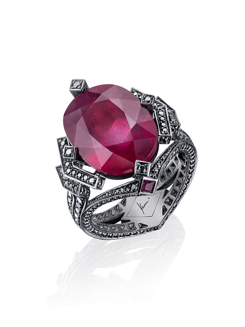 Black Round Diamond, Oval Ruby & Black Gold Ring, 1
