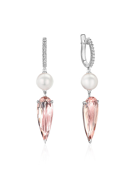 White gold earrings with morganite and Akoya pearls, 1 White gold earrings with morganite and Akoya pearls, 1