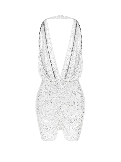 White Open Back Rhinestones Mini Dress, 3