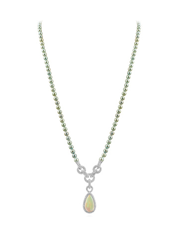 White gold necklace with green Akoya pearls and opal, 1