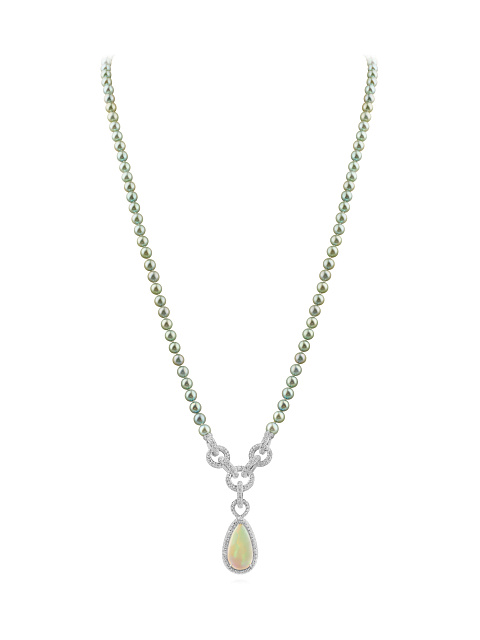 White gold necklace with green Akoya pearls and opal, 1 White gold necklace with green Akoya pearls and opal, 1