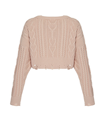 Light Pink Cotton Cropped Cable Knit Sweater, 2