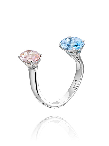 Oval Morganite, Oval Aquamarine, Round Diamond & White Gold Ring, 1