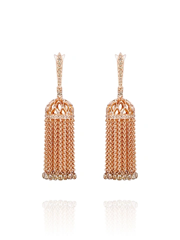 Brown Briolette Diamond & Brown Round Diamond & Rose Gold Tassel Earrings, 1