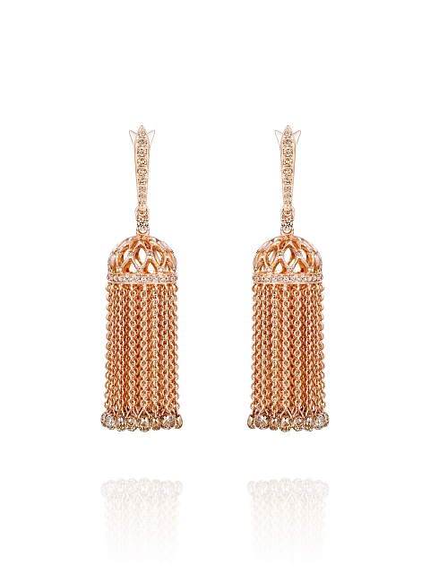 Brown Briolette Diamond & Brown Round Diamond & Rose Gold Tassel Earrings, 1