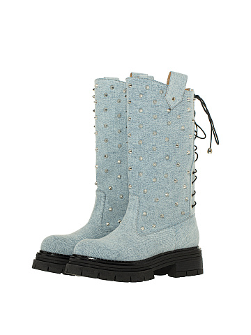 Light Blue Studded Denim Boots, 1