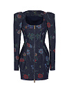 Платье-мини из темно-синей джинсы с цветами, молния по переду, защипы, длинный рукав