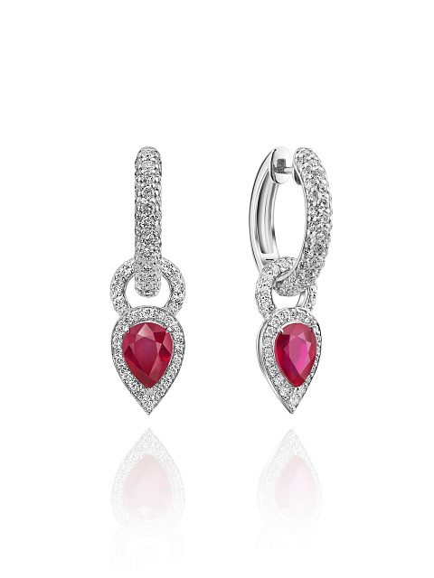 Ruby Pear, Round Diamond & White Gold Earrings, 1