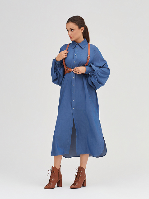 Blue Cotton Puff Sleeves Shirt Dress, 4
