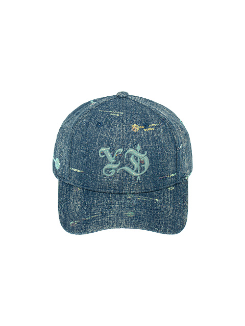 Blue YD Embroidered Sequinsed Denim Cap, 2