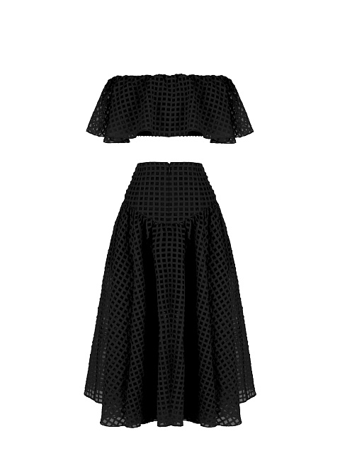 Black Checked Chiffon Top & Midi Skirt, 2