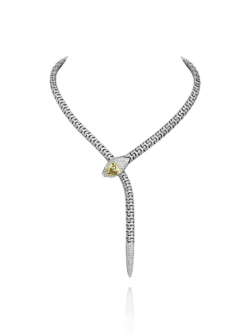 Fancy Yellow Triangular Diamond & Emerald & Round Diamond & White Gold Necklace , 1