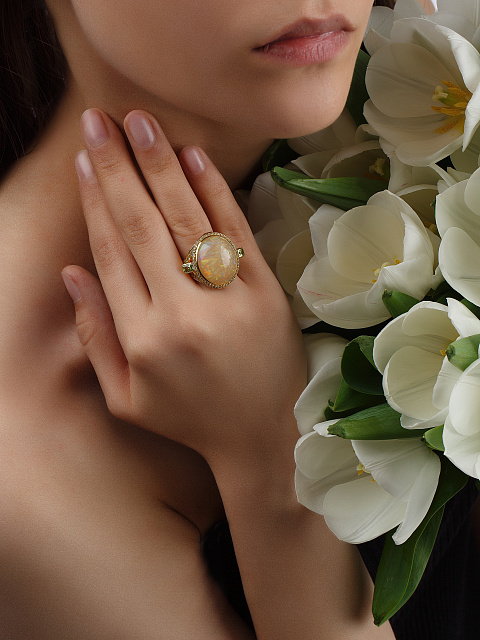 Yellow Opal & Peridot & Gold Ring, 5