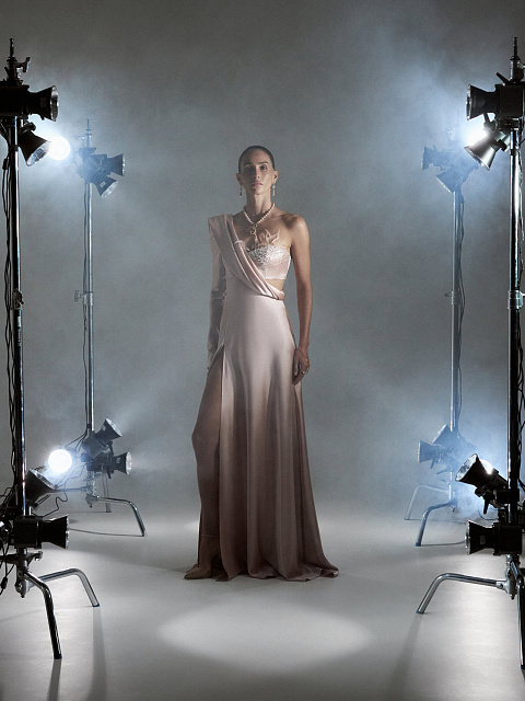 Dust Pink Asymmetric Draped Silk Maxi Dress, 10